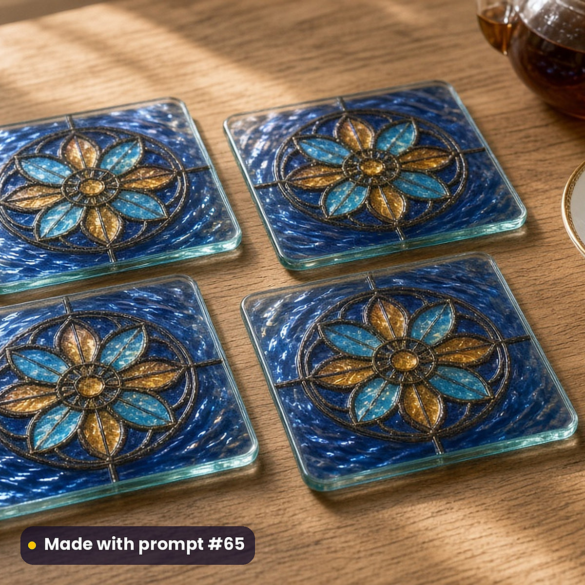 Rose Windows stained glass prompt pack: set of UV-printed glass coasters mockup, made with prompt #65