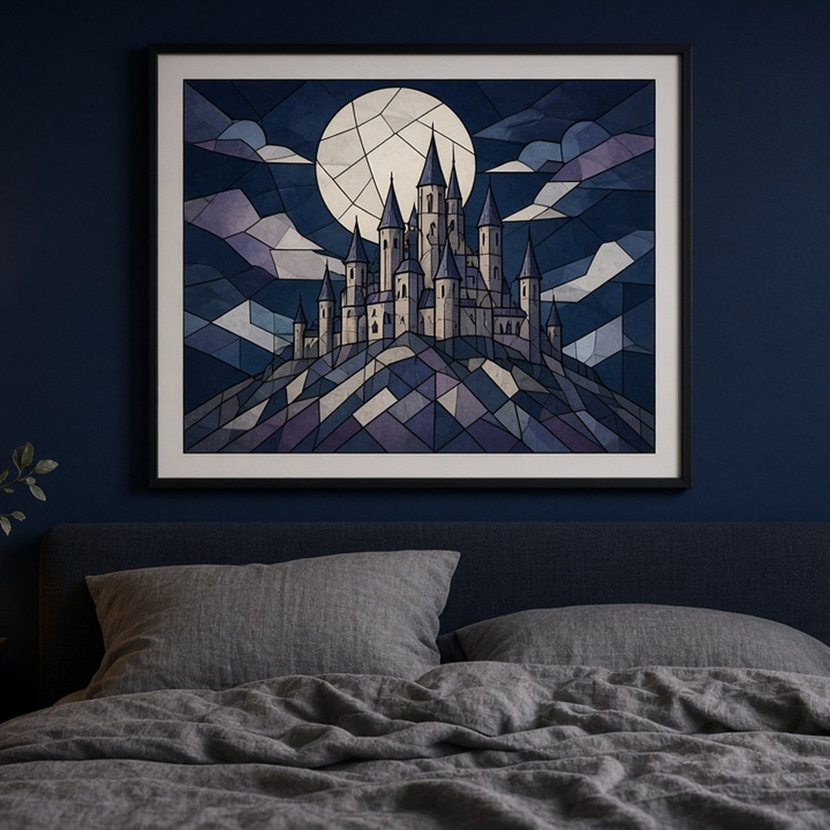 Moonlit castle in Art Deco stained-glass style shown as a flat framed print in a bedroom, made with prompt #9