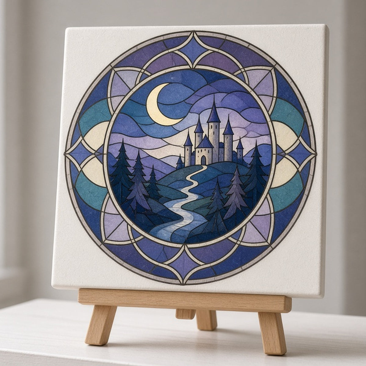 Rose-window design of a moonlit castle landscape printed flat on a ceramic tile on an easel, made with prompt #47