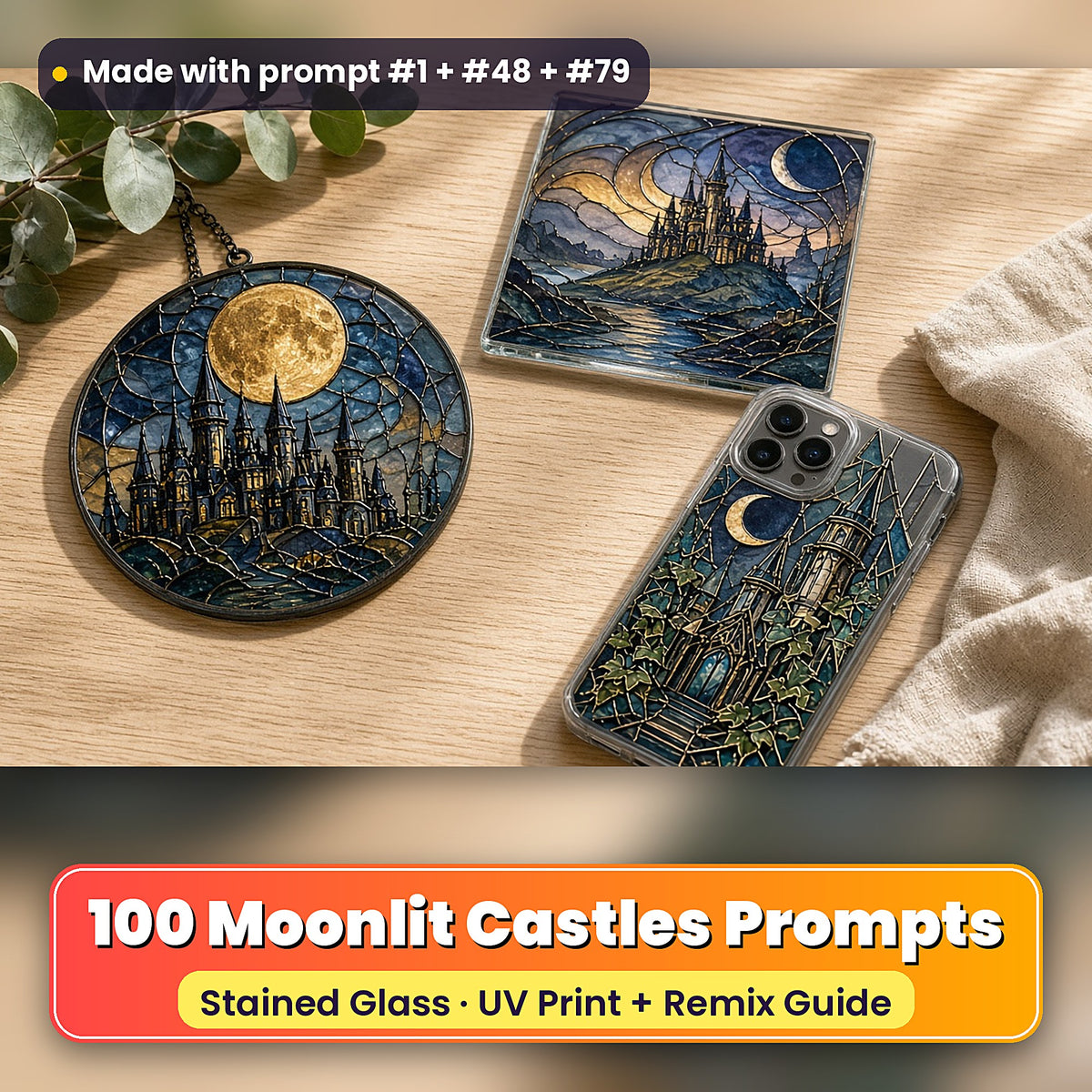 Moonlit Castles stained glass prompt pack: UV-printed suncatcher, coaster and phone case set mockup, made with prompt #1 + #48 + #79