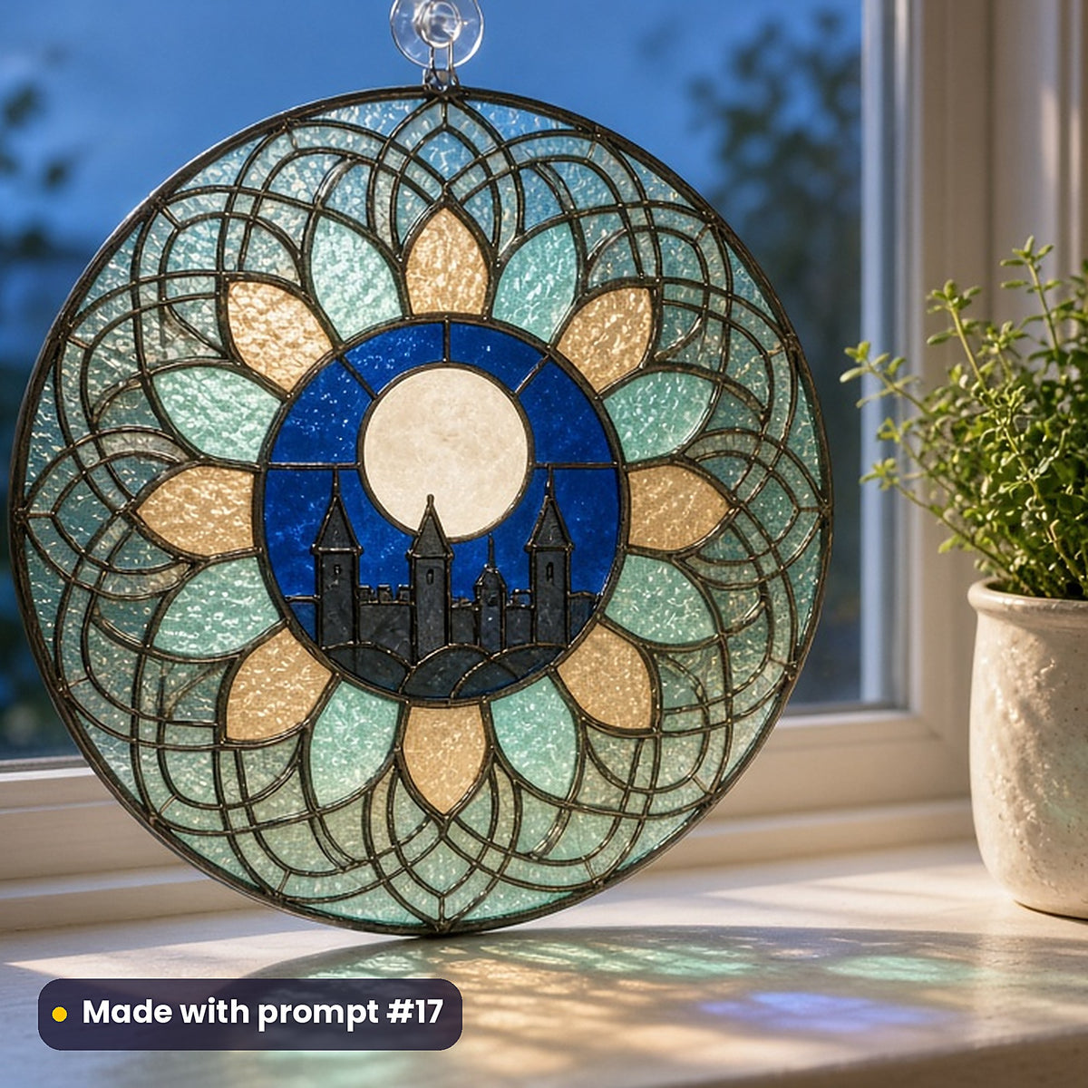 Moonlit Castles stained glass prompt pack: UV-printed acrylic suncatcher in a window mockup, made with prompt #17