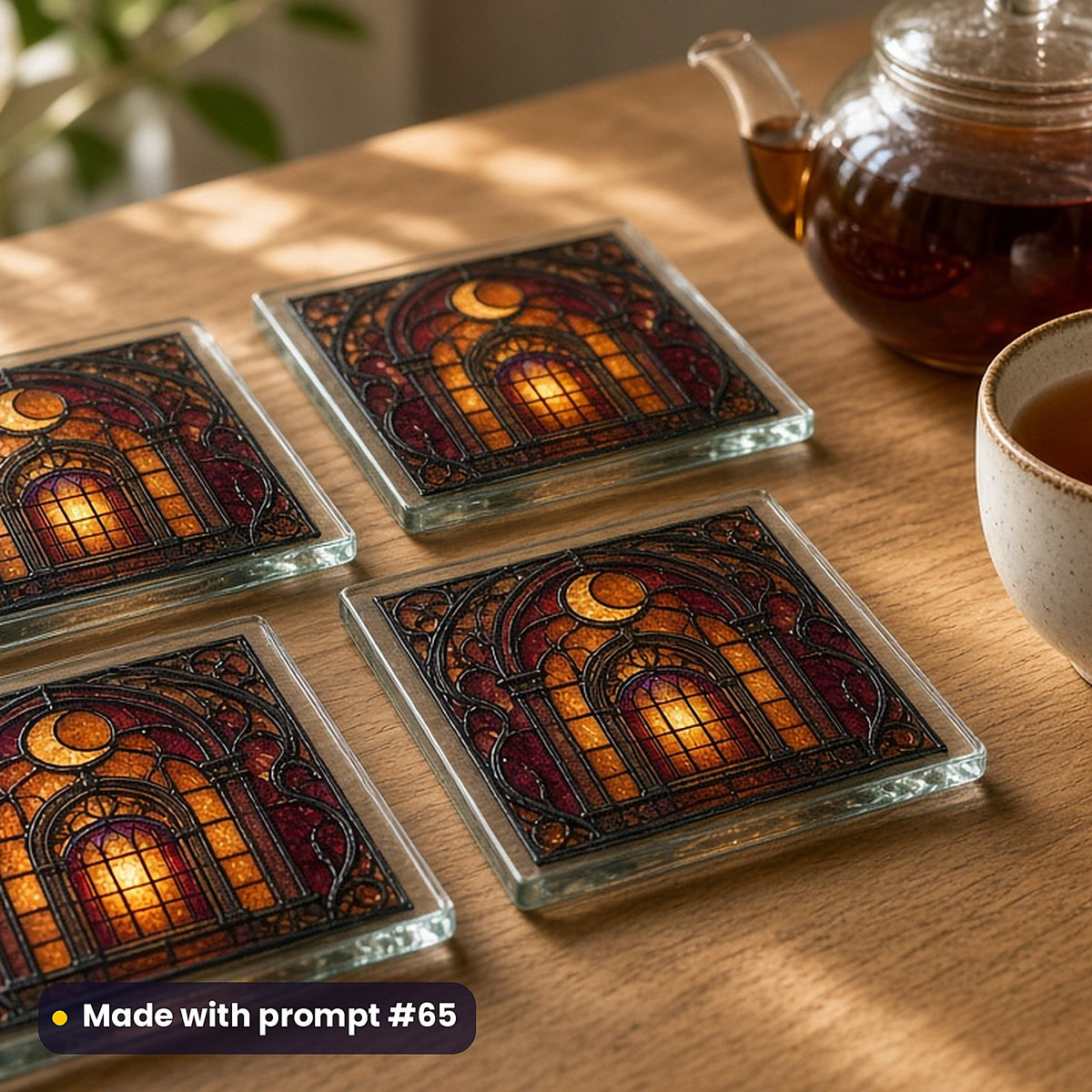 Moonlit Castles stained glass prompt pack: set of UV-printed glass coasters mockup, made with prompt #65