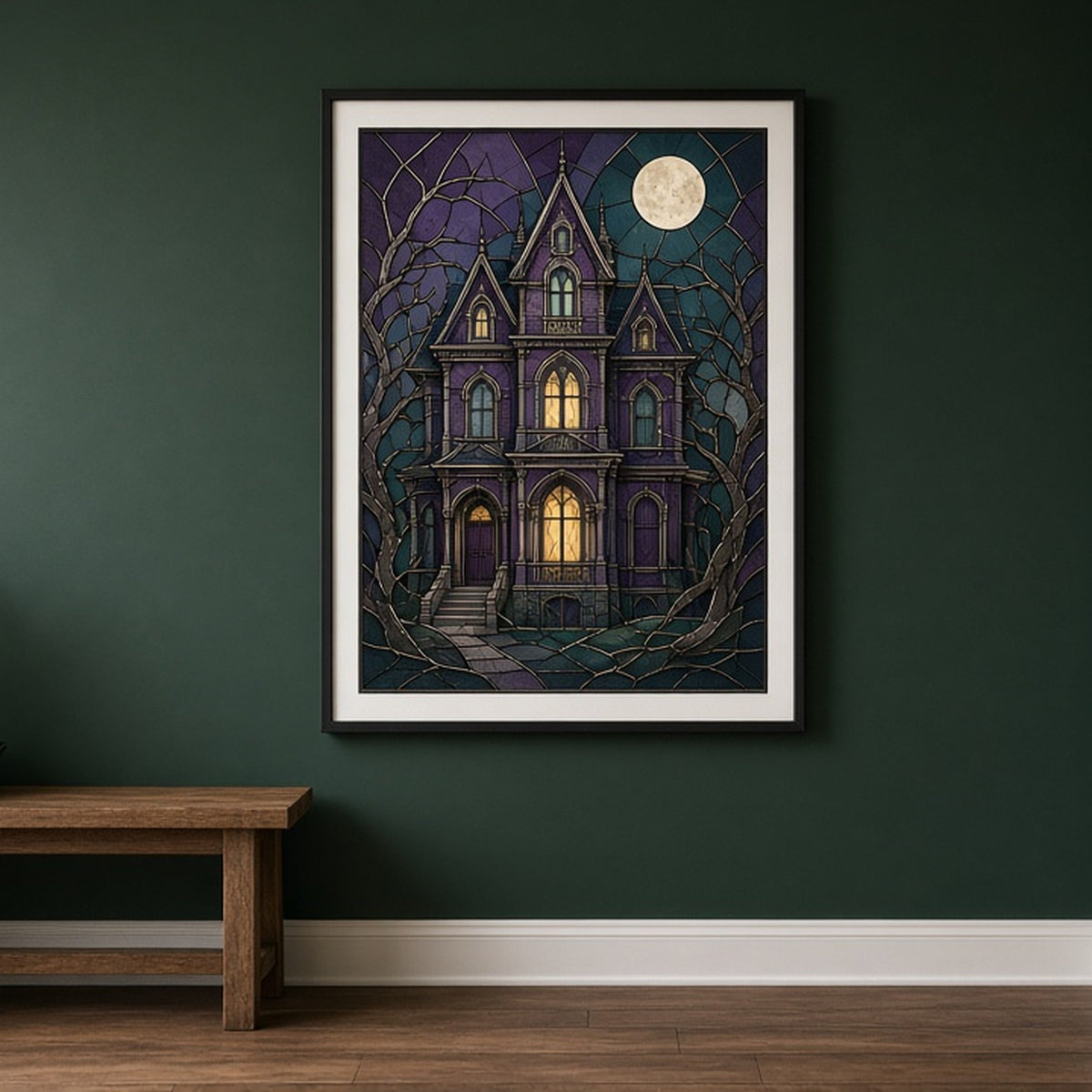 Haunted Victorian mansion in Art Deco stained-glass style shown as a flat framed print in a hallway, made with prompt #9