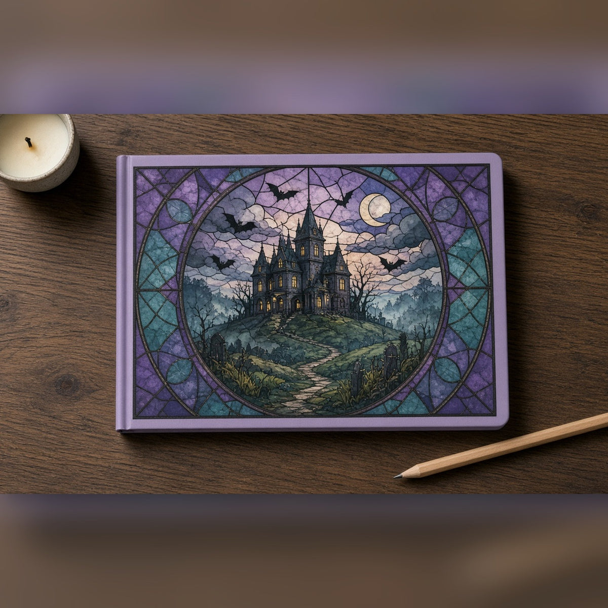 Rose-window design of a moonlit haunted mansion printed flat on a notebook cover, made with prompt #47