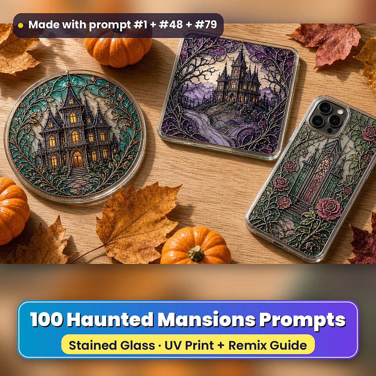 Haunted Mansions stained glass prompt pack: UV-printed suncatcher, coaster and phone case set mockup, made with prompt #1 + #48 + #79