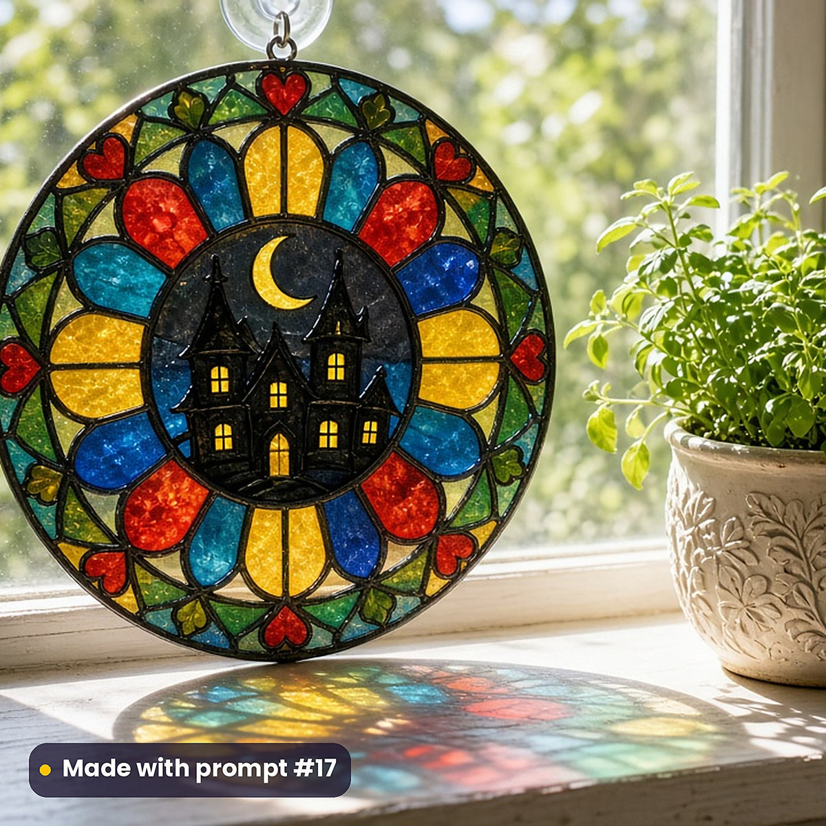 Haunted Mansions stained glass prompt pack: UV-printed acrylic suncatcher in a window mockup, made with prompt #17