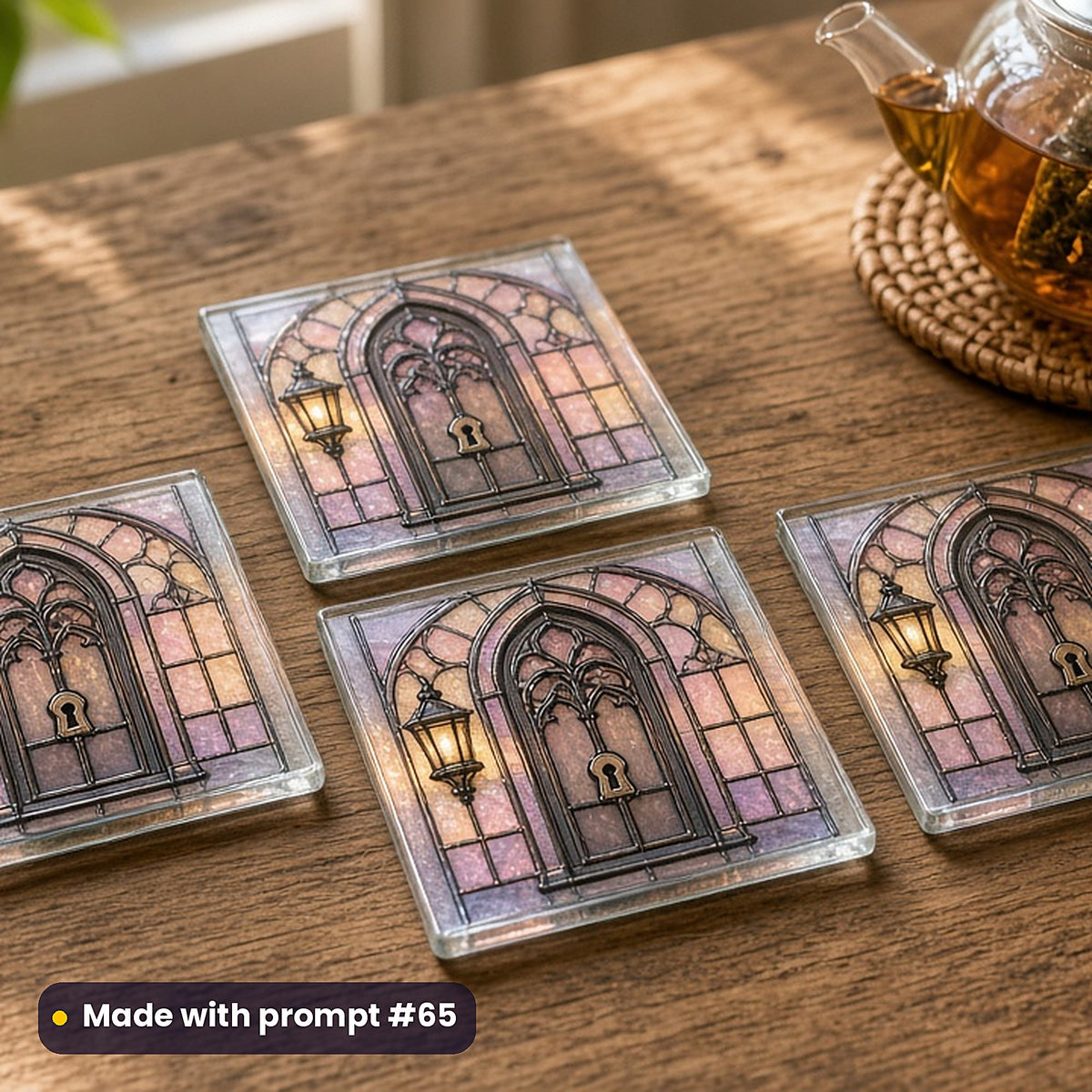 Haunted Mansions stained glass prompt pack: set of UV-printed glass coasters mockup, made with prompt #65