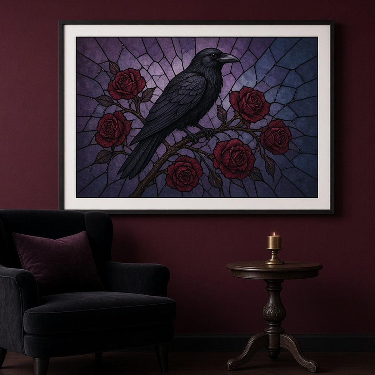 Raven on a rose branch in Art Deco stained-glass style shown as a flat framed print in a sitting room, made with prompt #9