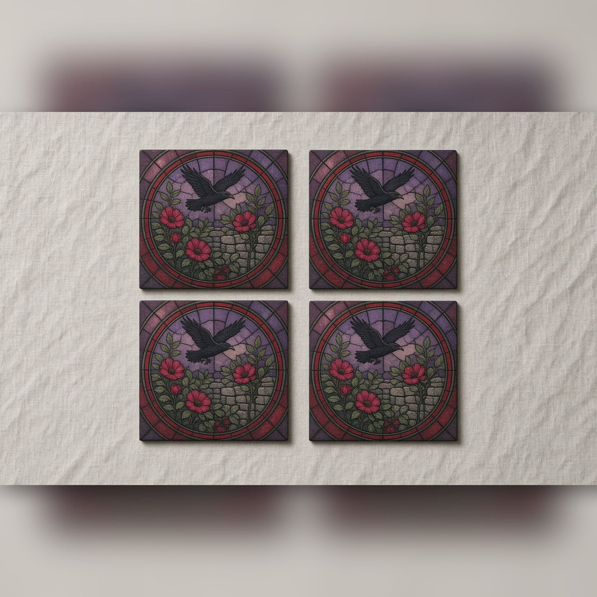 Rose-window design of a raven over a wild rose garden printed flat on a set of four coasters, made with prompt #47