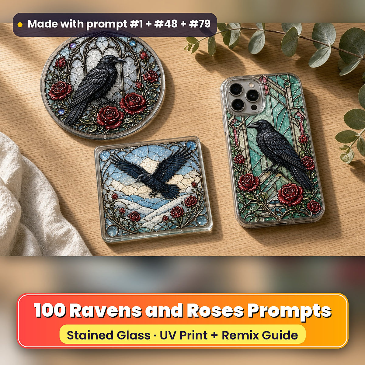 Ravens and Roses stained glass prompt pack: UV-printed suncatcher, coaster and phone case set mockup, made with prompt #1 + #48 + #79