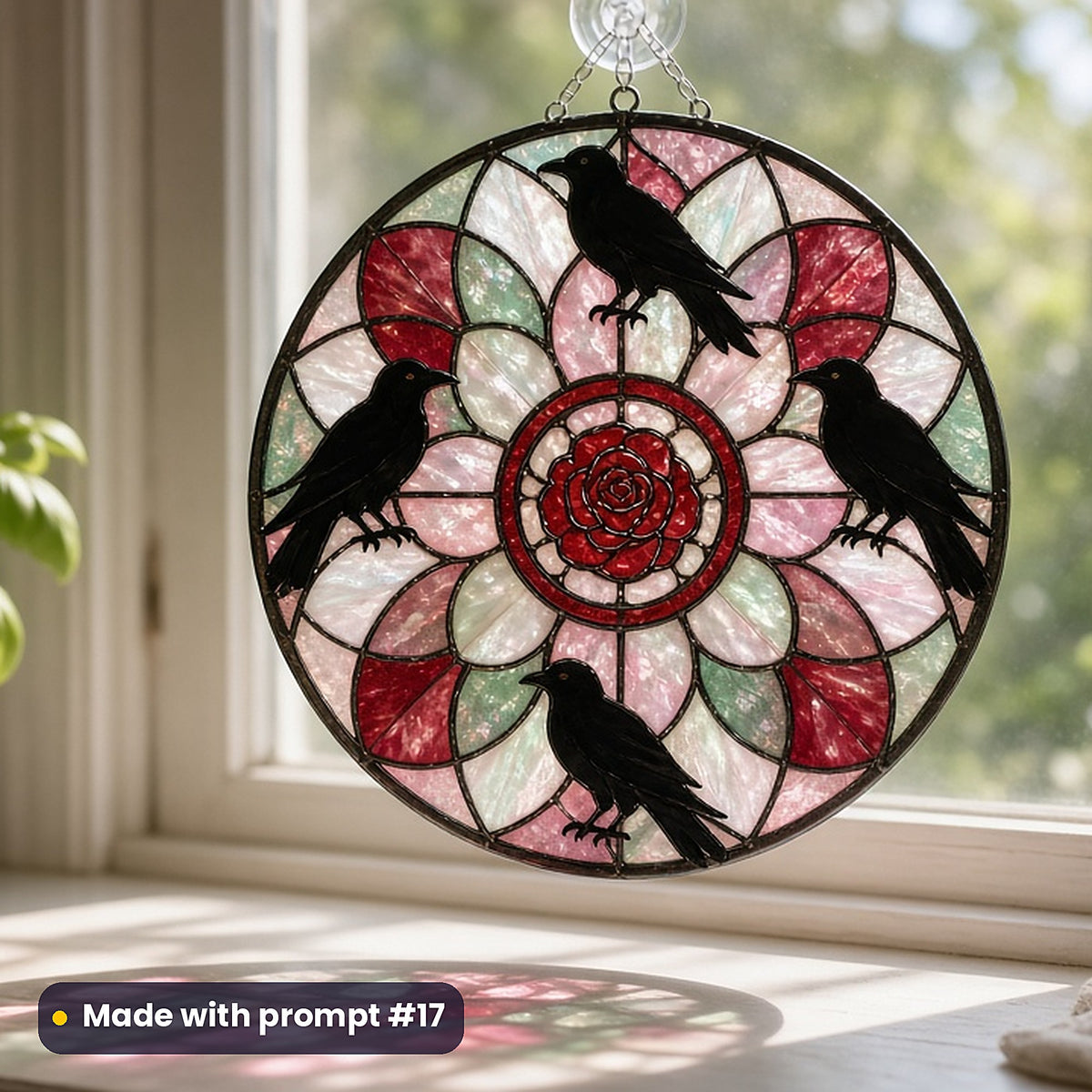 Ravens and Roses stained glass prompt pack: UV-printed acrylic suncatcher in a window mockup, made with prompt #17