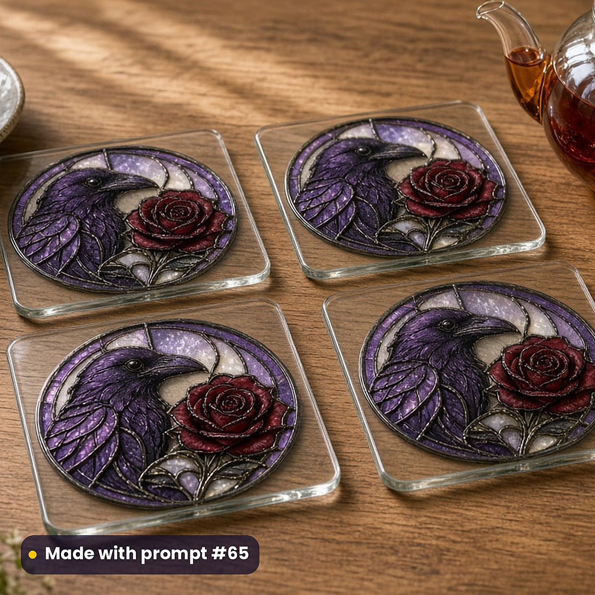 Ravens and Roses stained glass prompt pack: set of UV-printed glass coasters mockup, made with prompt #65