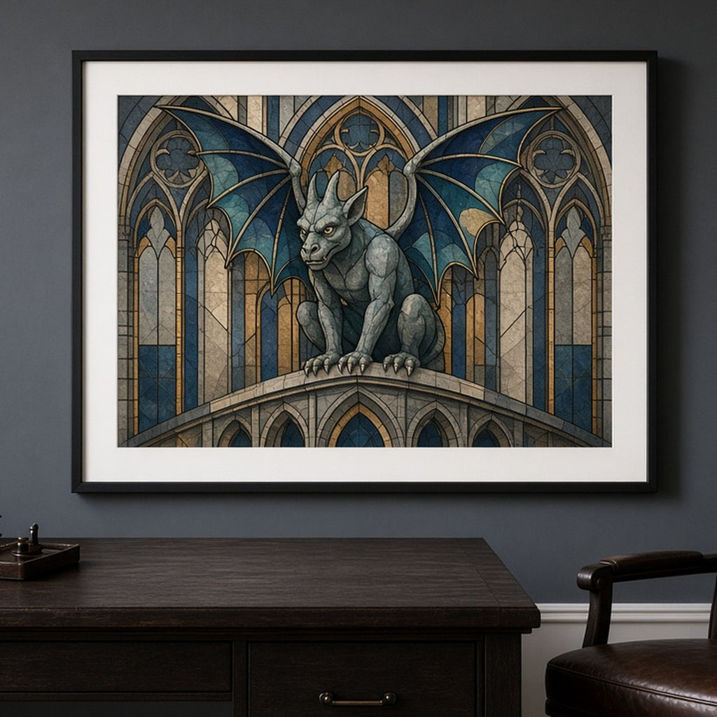 Winged gargoyle on a cathedral ledge in Art Deco stained-glass style shown as a flat framed print in a study, made with prompt #9