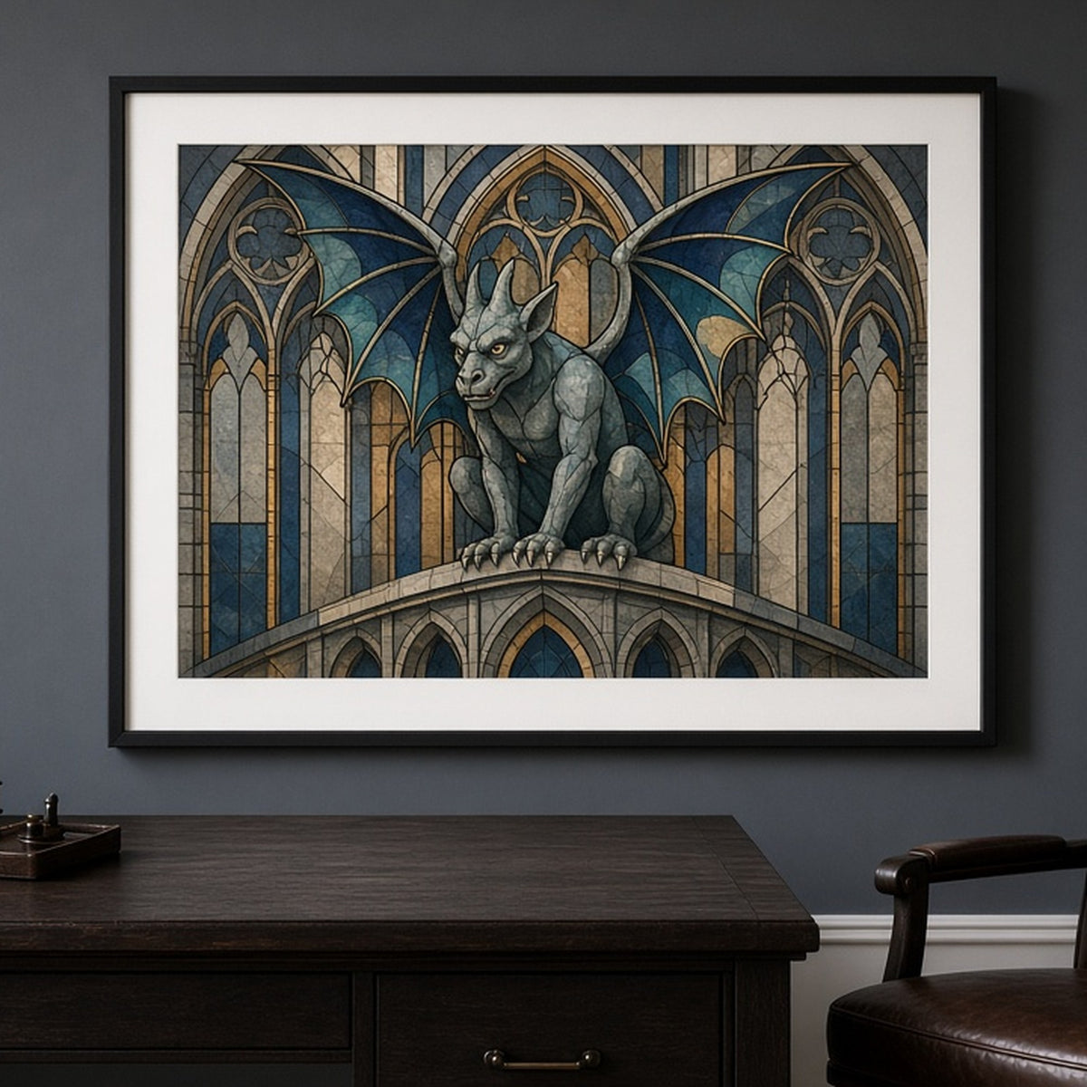 Winged gargoyle on a cathedral ledge in Art Deco stained-glass style shown as a flat framed print in a study, made with prompt #9