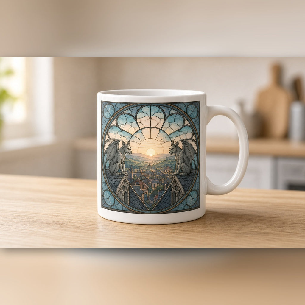 Rose-window design of gargoyles above a town at dawn printed flat on a ceramic mug, made with prompt #47