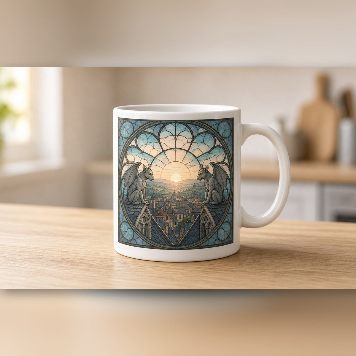 Rose-window design of gargoyles above a town at dawn printed flat on a ceramic mug, made with prompt #47