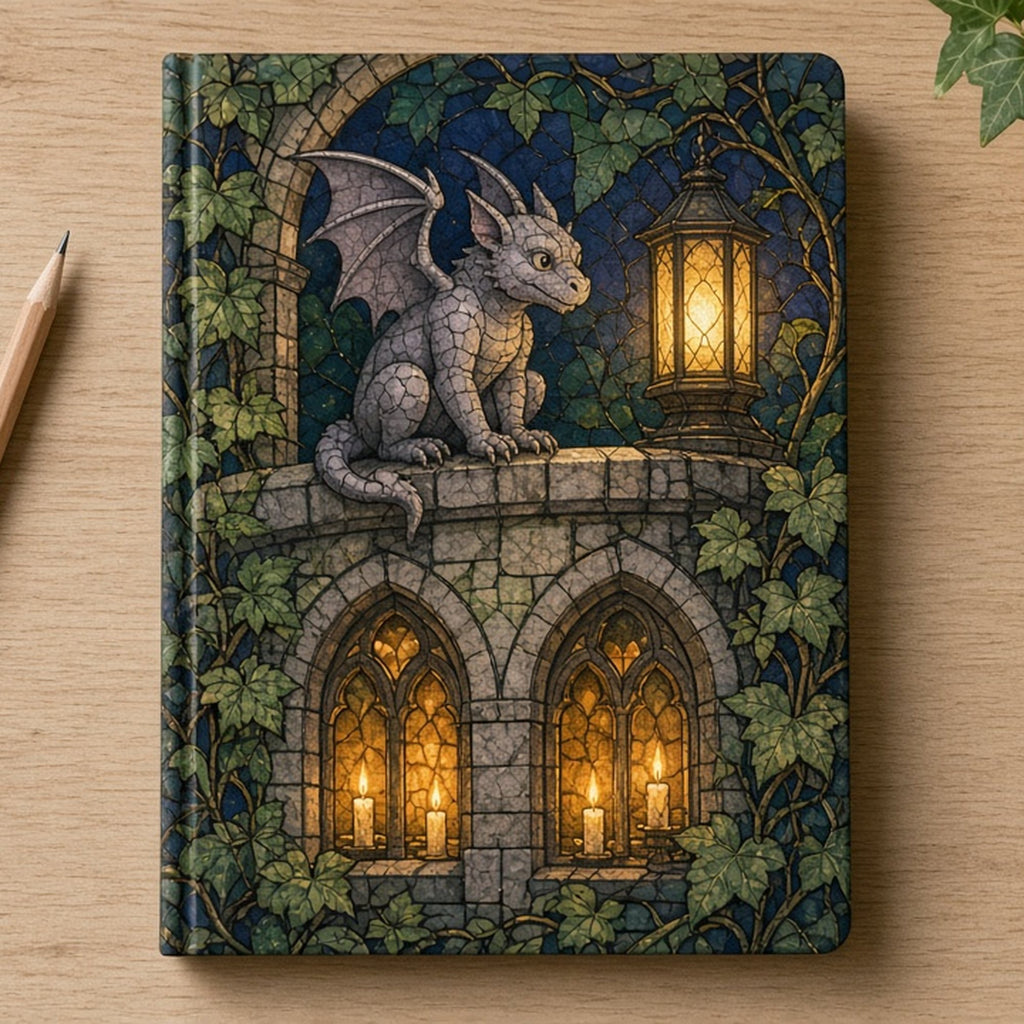 Arts and Crafts stained-glass gargoyle with a glowing lantern printed flat on a notebook cover, made with prompt #84