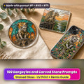 Gargoyles and Carved Stone stained glass prompt pack: UV-printed suncatcher, coaster and phone case set mockup, made with prompt #1 + #48 + #79