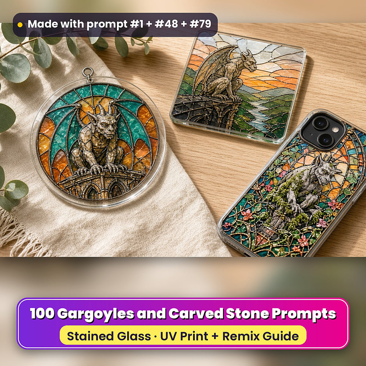 Gargoyles and Carved Stone stained glass prompt pack: UV-printed suncatcher, coaster and phone case set mockup, made with prompt #1 + #48 + #79