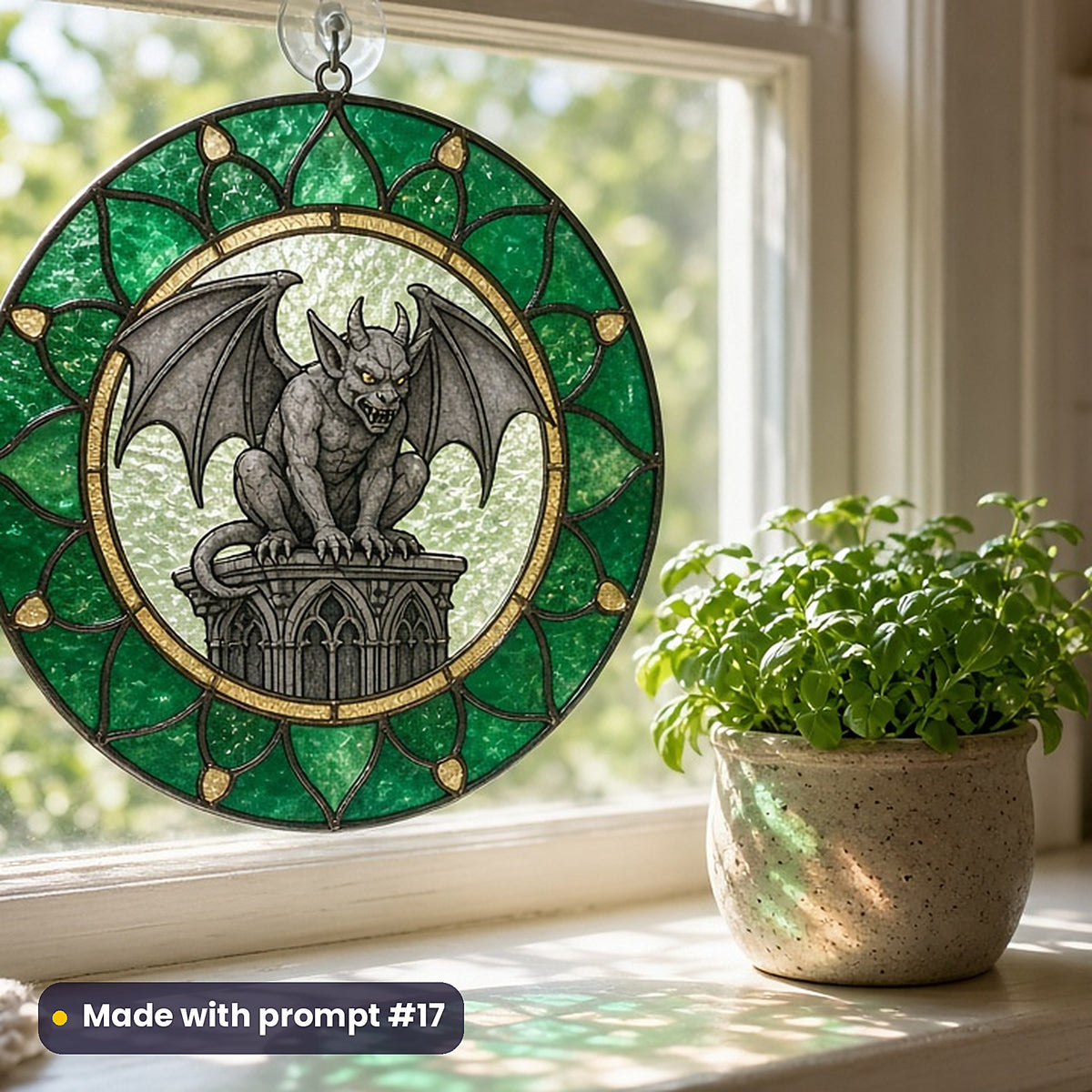 Gargoyles and Carved Stone stained glass prompt pack: UV-printed acrylic suncatcher in a window mockup, made with prompt #17