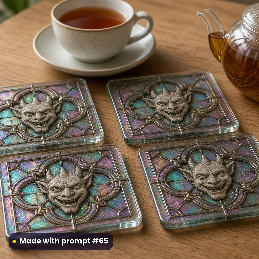 Gargoyles and Carved Stone stained glass prompt pack: set of UV-printed glass coasters mockup, made with prompt #65