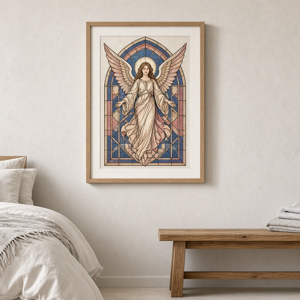 Gothic angel beneath a pointed arch in Art Deco stained-glass style shown as a flat framed print in a bedroom, made with prompt #9