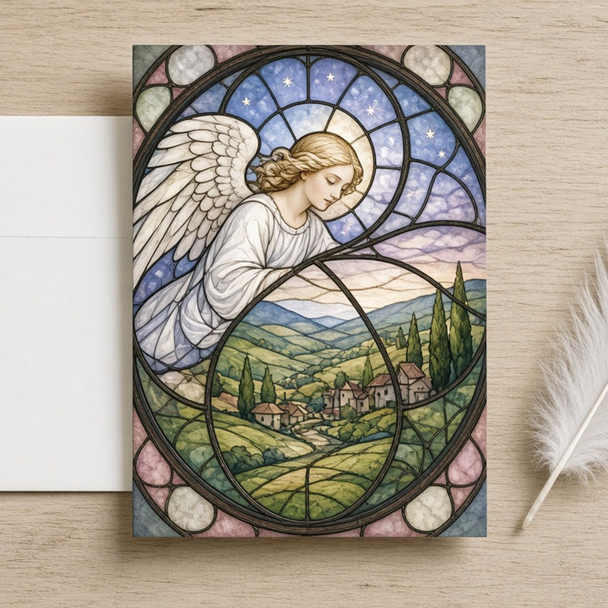 Rose-window design of an angel over a village printed flat on a greeting card, made with prompt #47