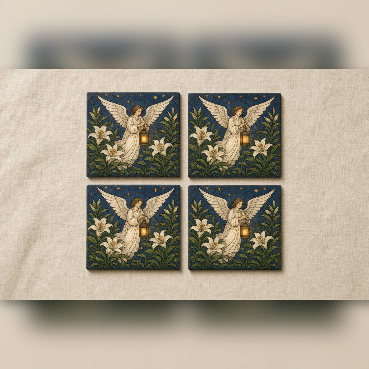 Arts and Crafts stained-glass angel with a lantern among lilies printed flat on a set of four coasters, made with prompt #84