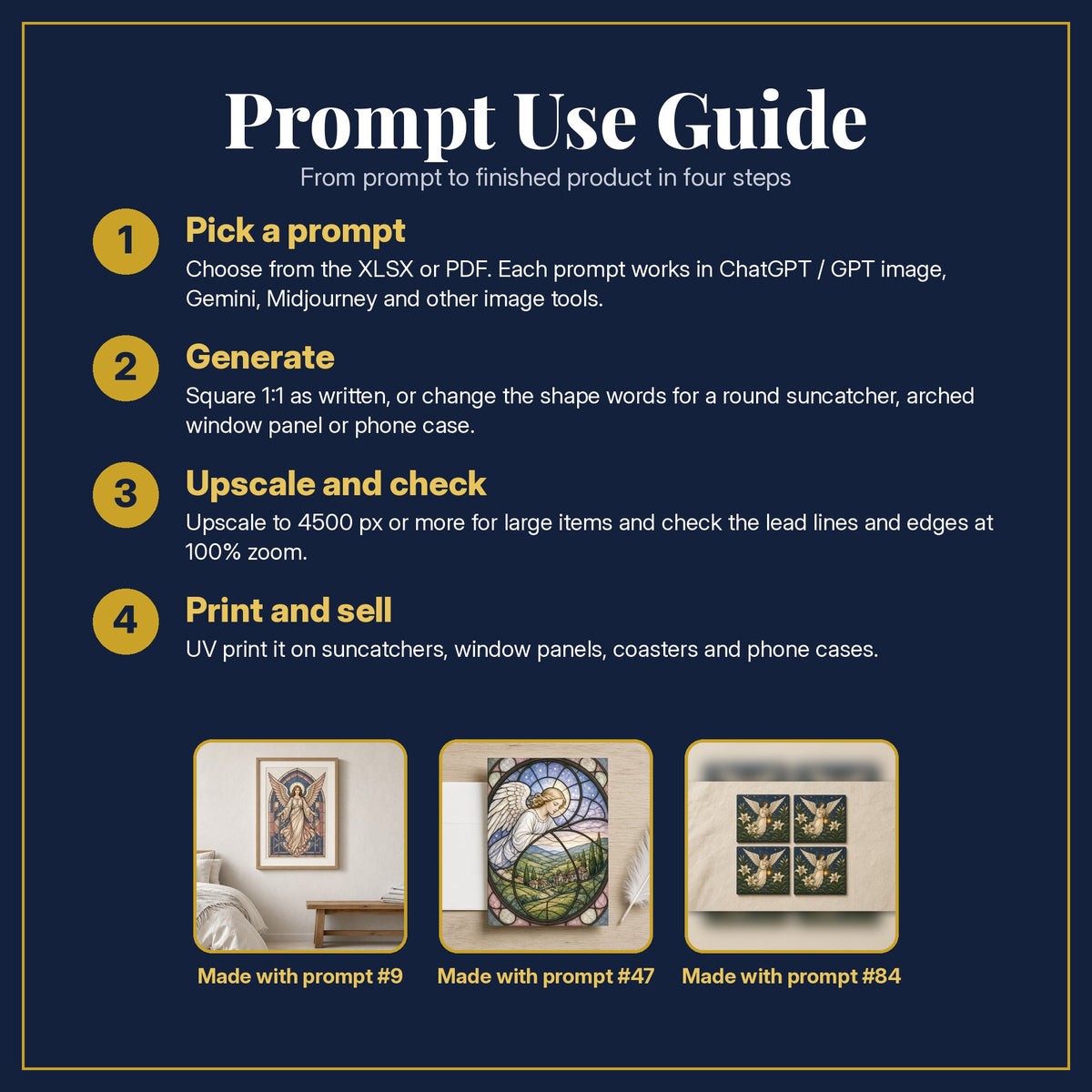 Prompt Use Guide for the Gothic Angels Stained Glass Prompt Pack: pick a prompt, generate, upscale and check, print and sell, with sample products made with the pack's prompts