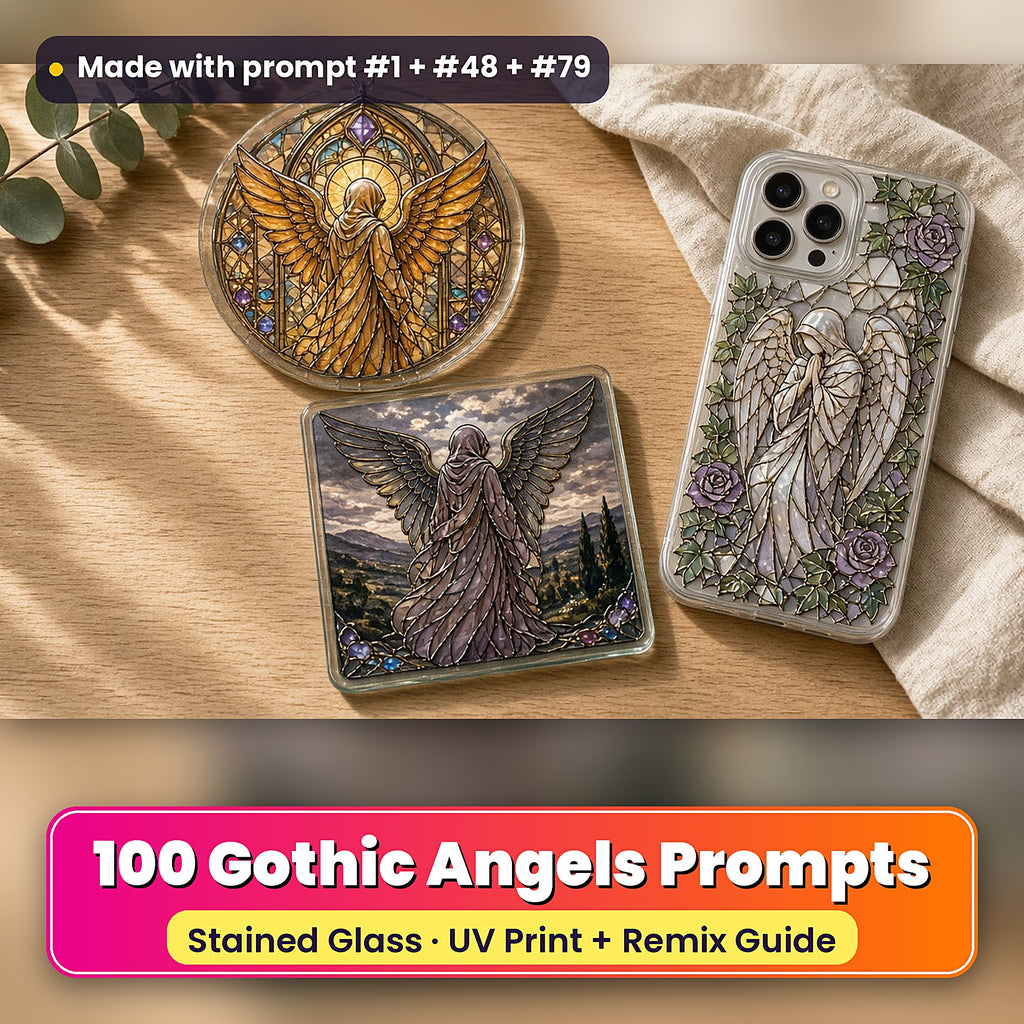 Gothic Angels stained glass prompt pack: UV-printed suncatcher, coaster and phone case set mockup, made with prompt #1 + #48 + #79