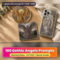 Gothic Angels stained glass prompt pack: UV-printed suncatcher, coaster and phone case set mockup, made with prompt #1 + #48 + #79