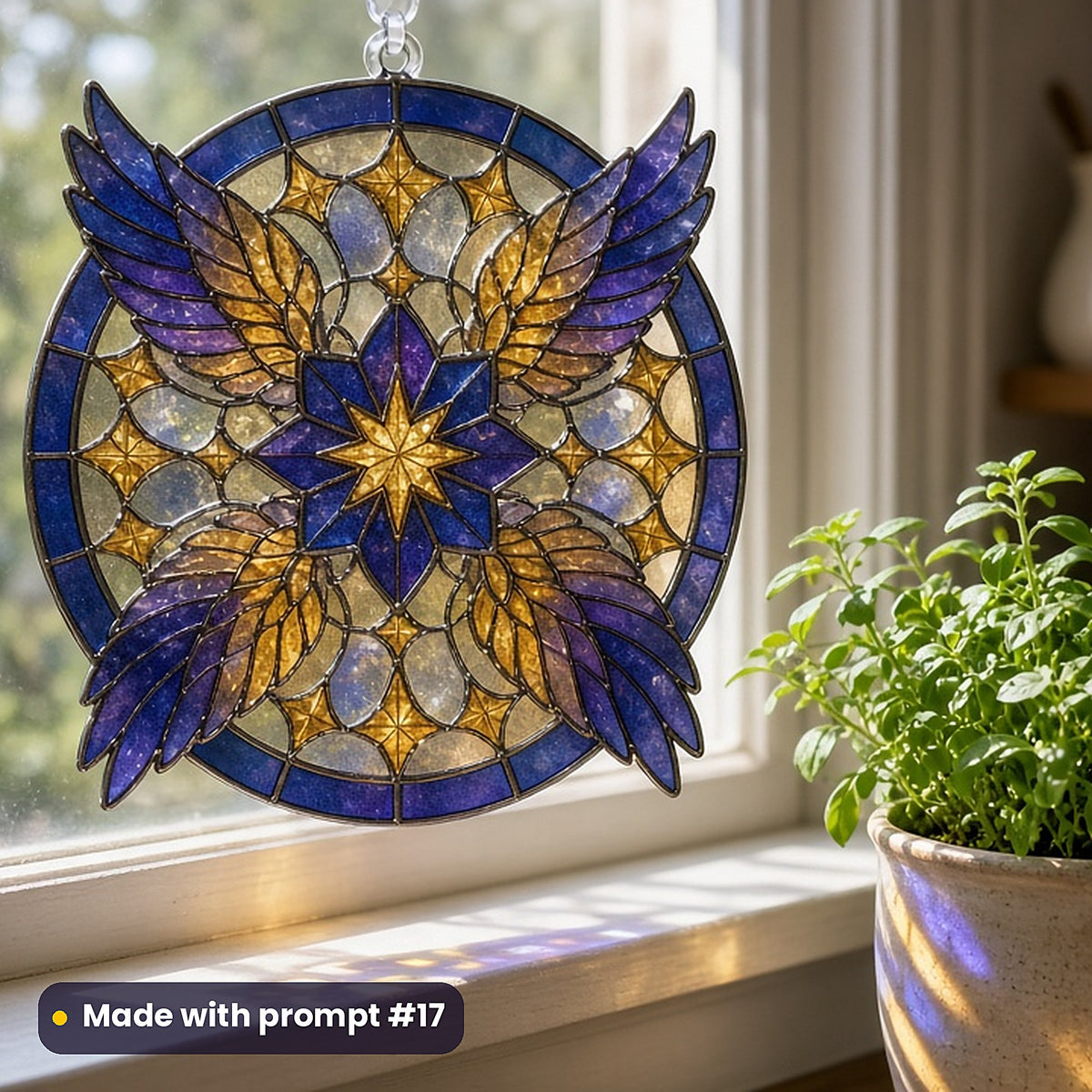 Gothic Angels stained glass prompt pack: UV-printed acrylic suncatcher in a window mockup, made with prompt #17