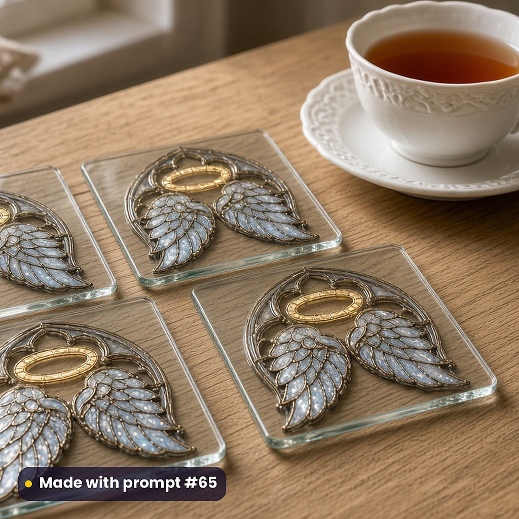 Gothic Angels stained glass prompt pack: set of UV-printed glass coasters mockup, made with prompt #65
