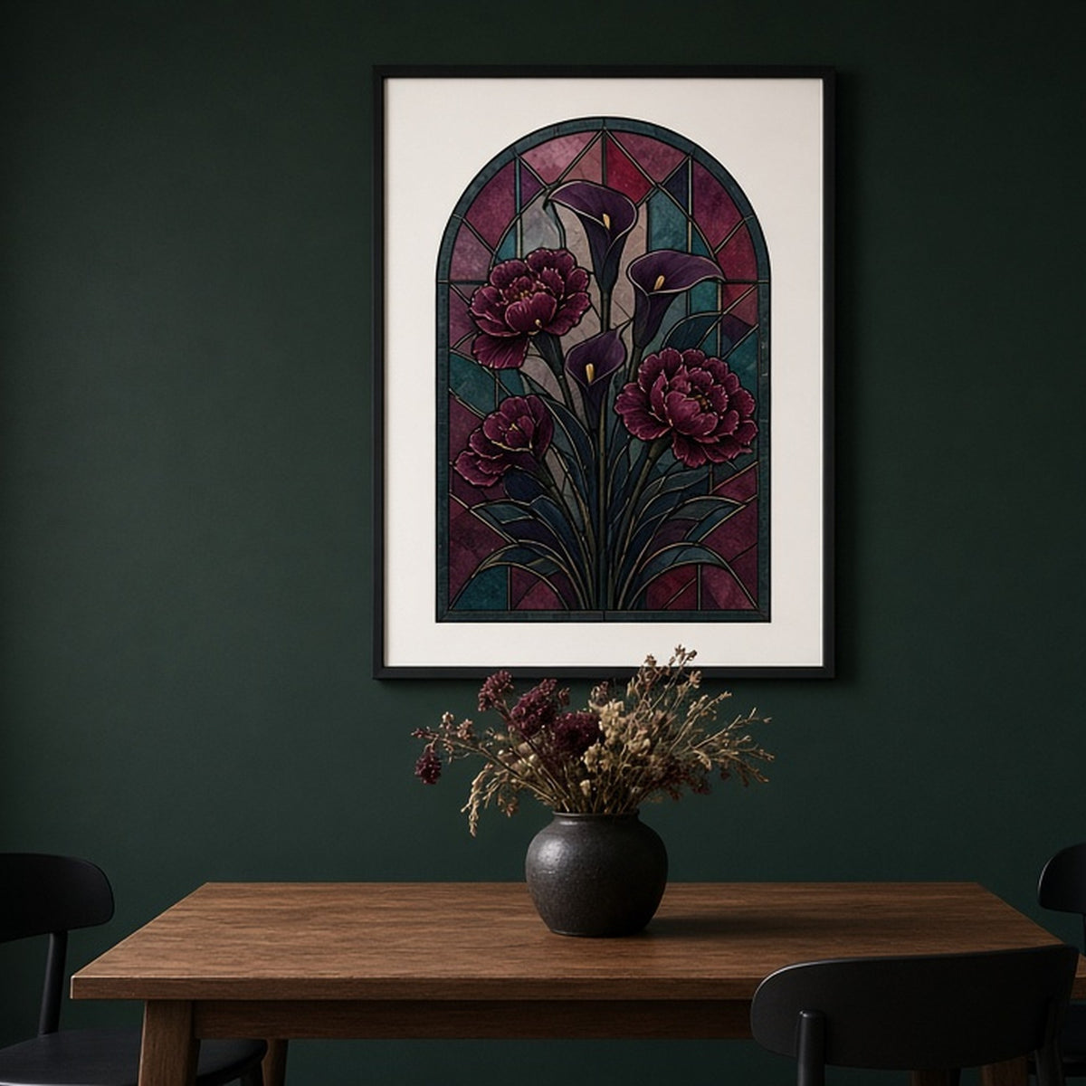 Dark botanical arched window of calla lilies and peonies shown as a flat framed print in a dining room, made with prompt #9