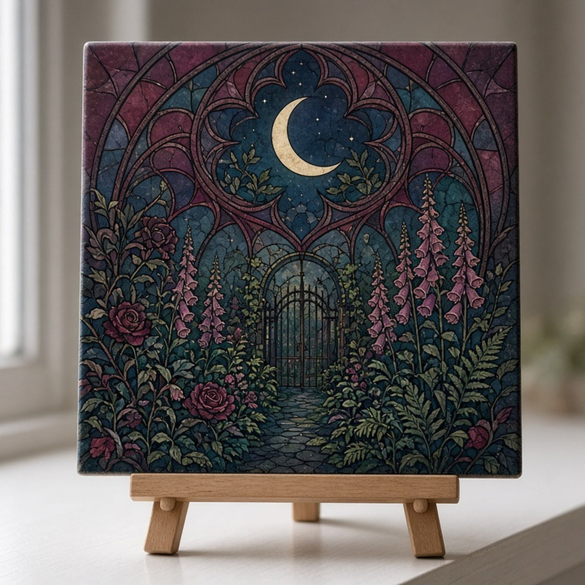 Rose-window design of a moonlit overgrown garden gate printed flat on a ceramic tile on an easel, made with prompt #47
