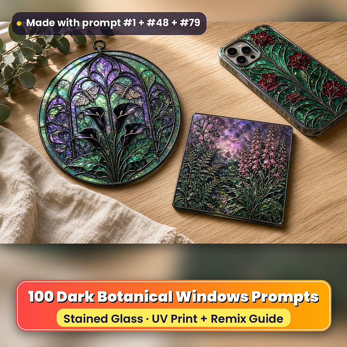 Dark Botanical Windows stained glass prompt pack: UV-printed suncatcher, coaster and phone case set mockup, made with prompt #1 + #48 + #79