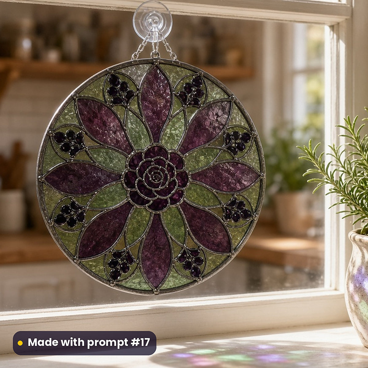 Dark Botanical Windows stained glass prompt pack: UV-printed acrylic suncatcher in a window mockup, made with prompt #17