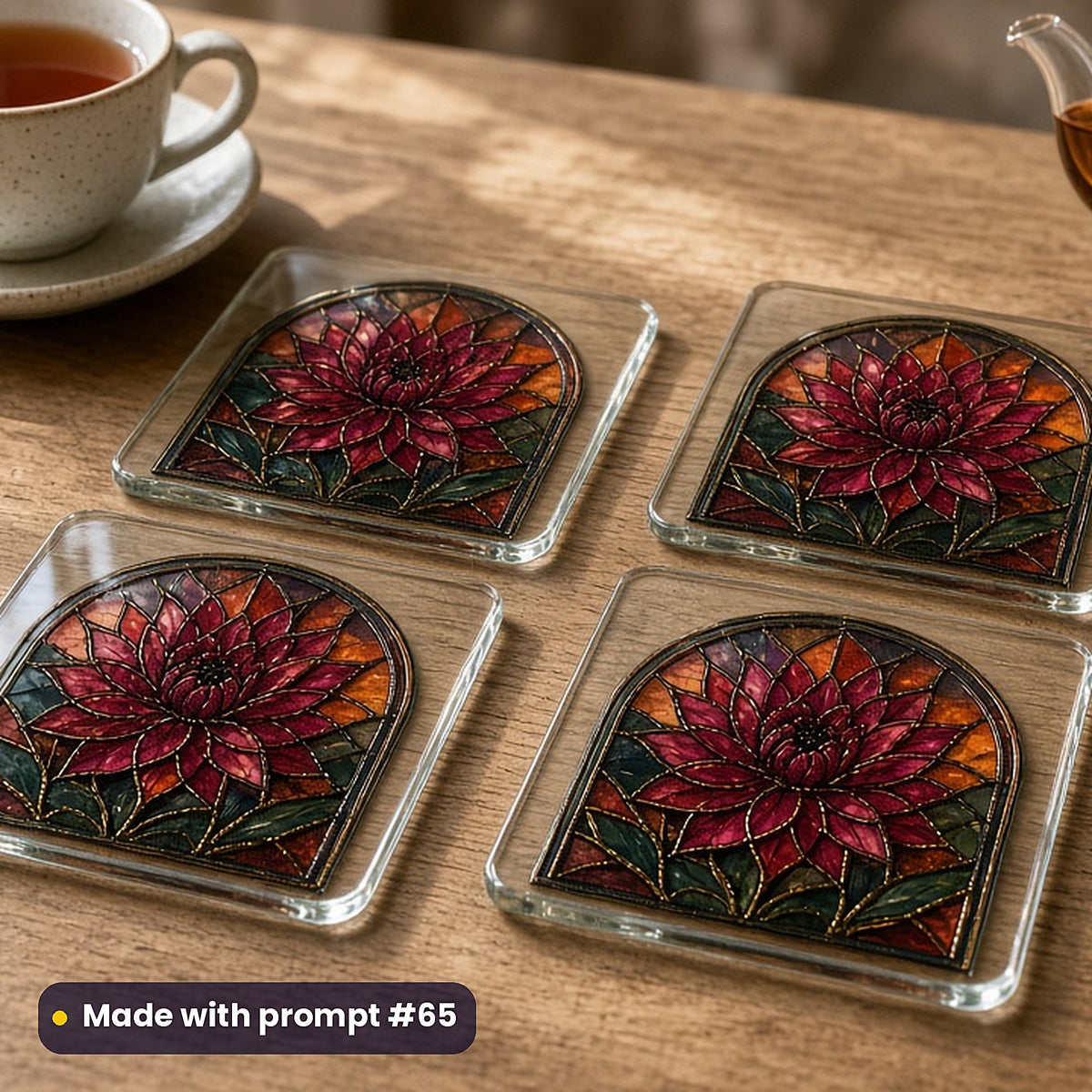 Dark Botanical Windows stained glass prompt pack: set of UV-printed glass coasters mockup, made with prompt #65