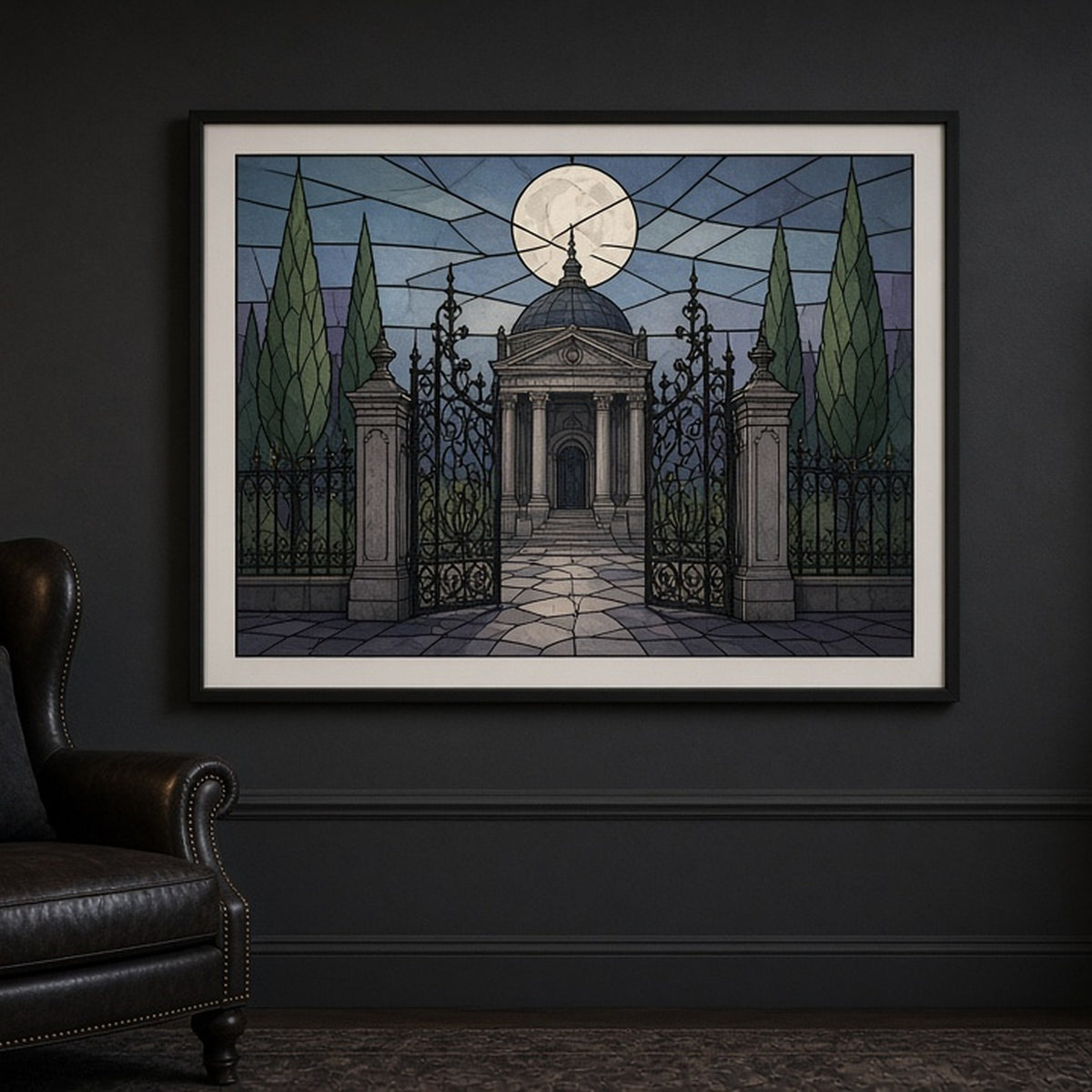 Cemetery gate and moonlit mausoleum in Art Deco stained-glass style shown as a flat framed print in a reading room, made with prompt #9
