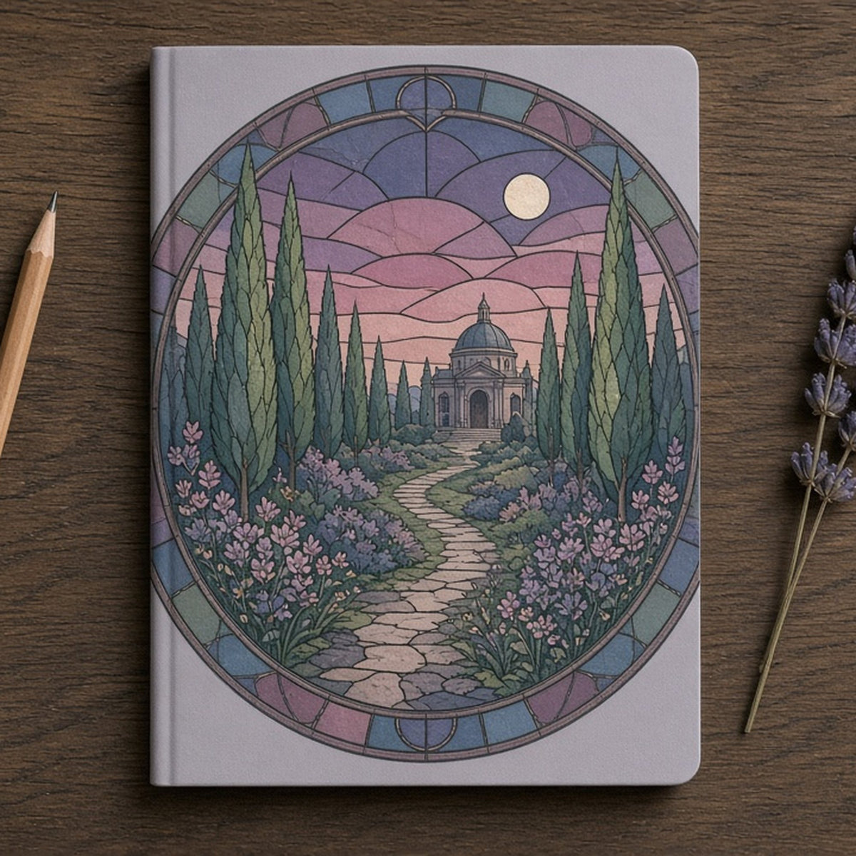 Rose-window design of a cypress path to a mausoleum printed flat on a notebook cover, made with prompt #47