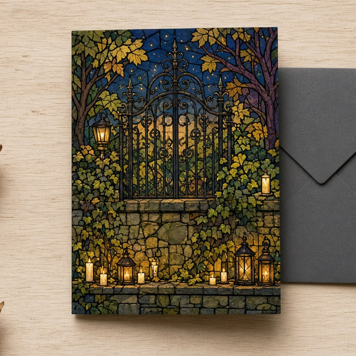Arts and Crafts stained-glass iron gate with glowing lanterns printed flat on a greeting card, made with prompt #84