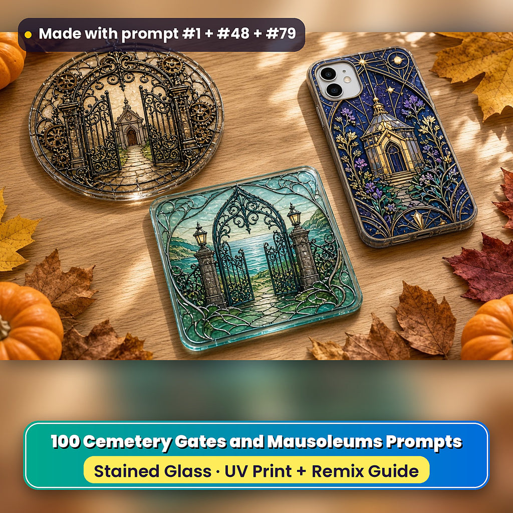 Cemetery Gates and Mausoleums stained glass prompt pack: UV-printed suncatcher, coaster and phone case set mockup, made with prompt #1 + #48 + #79
