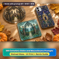 Cemetery Gates and Mausoleums stained glass prompt pack: UV-printed suncatcher, coaster and phone case set mockup, made with prompt #1 + #48 + #79