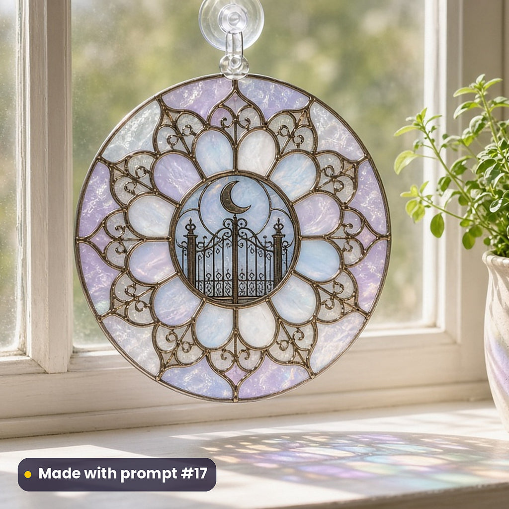 Cemetery Gates and Mausoleums stained glass prompt pack: UV-printed acrylic suncatcher in a window mockup, made with prompt #17