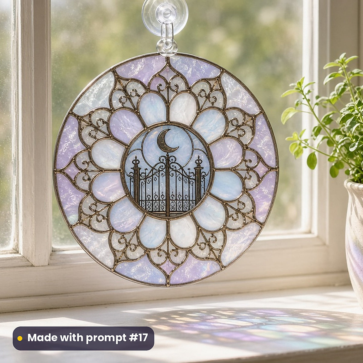 Cemetery Gates and Mausoleums stained glass prompt pack: UV-printed acrylic suncatcher in a window mockup, made with prompt #17