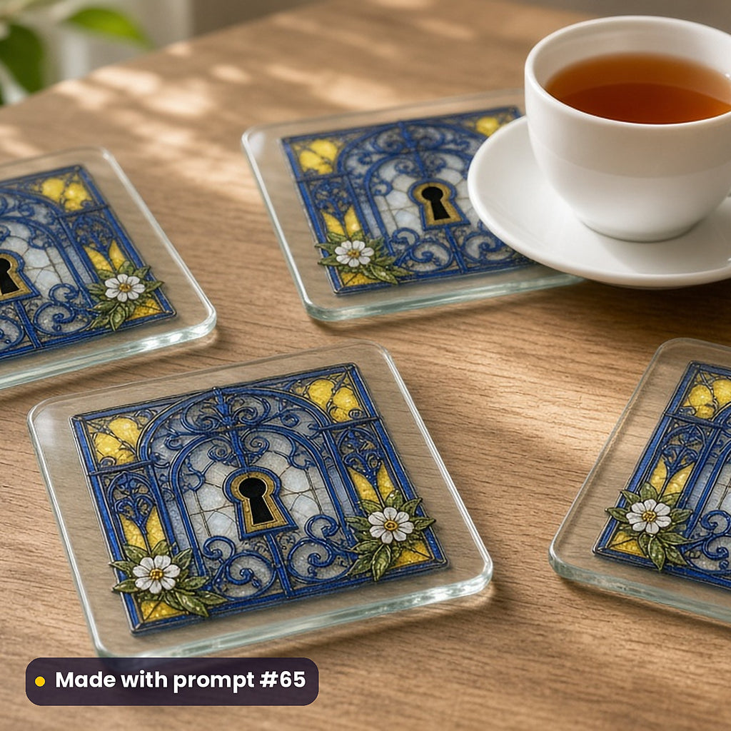 Cemetery Gates and Mausoleums stained glass prompt pack: set of UV-printed glass coasters mockup, made with prompt #65