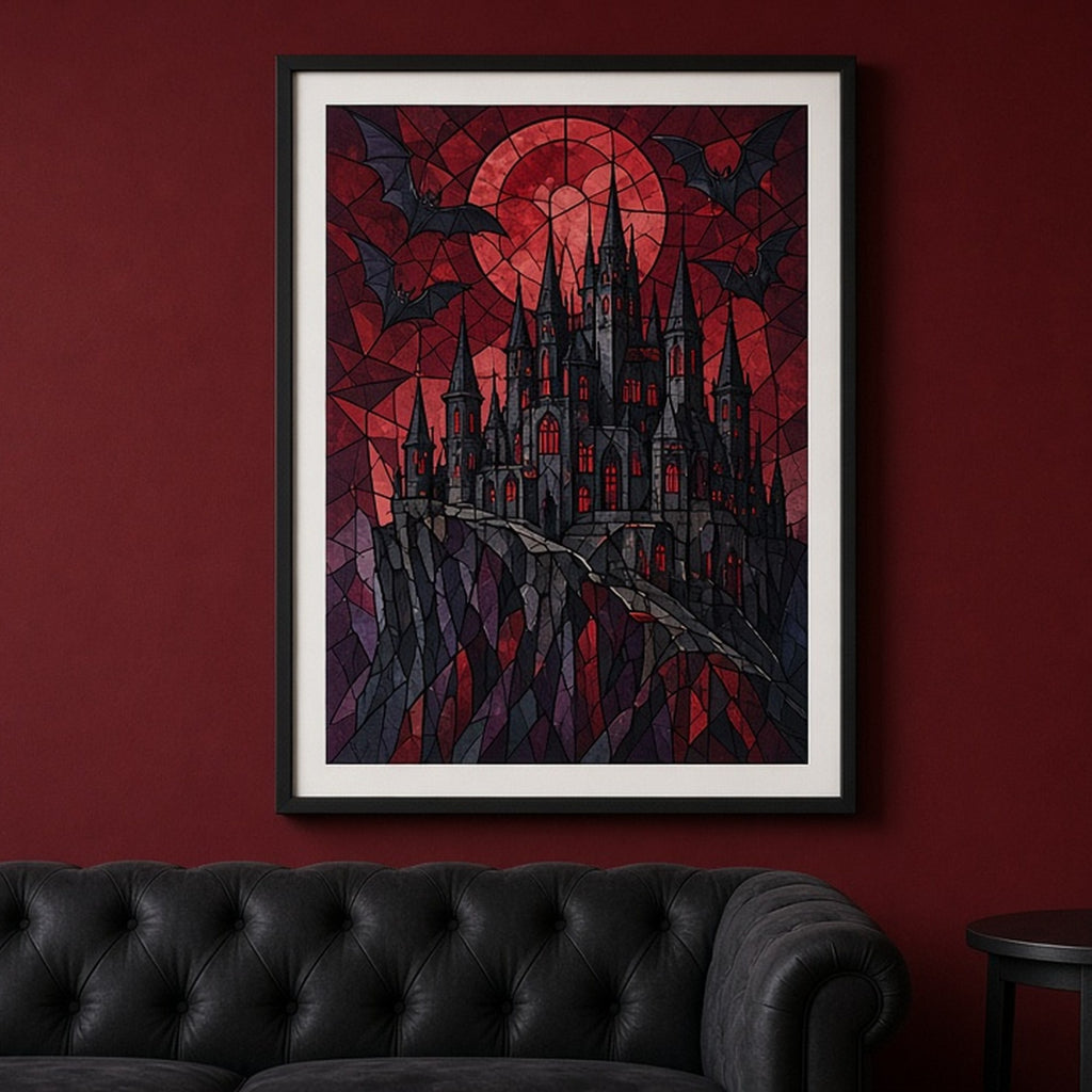 Gothic castle under a red moon in Art Deco stained-glass style shown as a flat framed print in a lounge, made with prompt #9