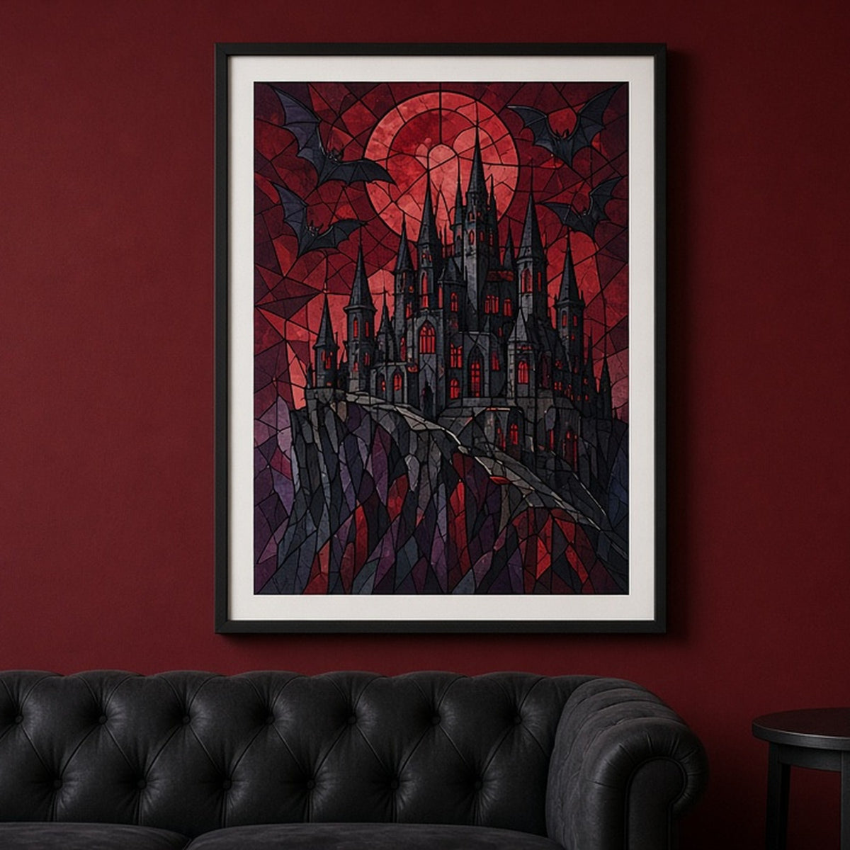 Gothic castle under a red moon in Art Deco stained-glass style shown as a flat framed print in a lounge, made with prompt #9