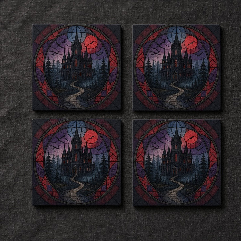 Rose-window design of a gothic manor above a misty valley printed flat on a set of four coasters, made with prompt #47