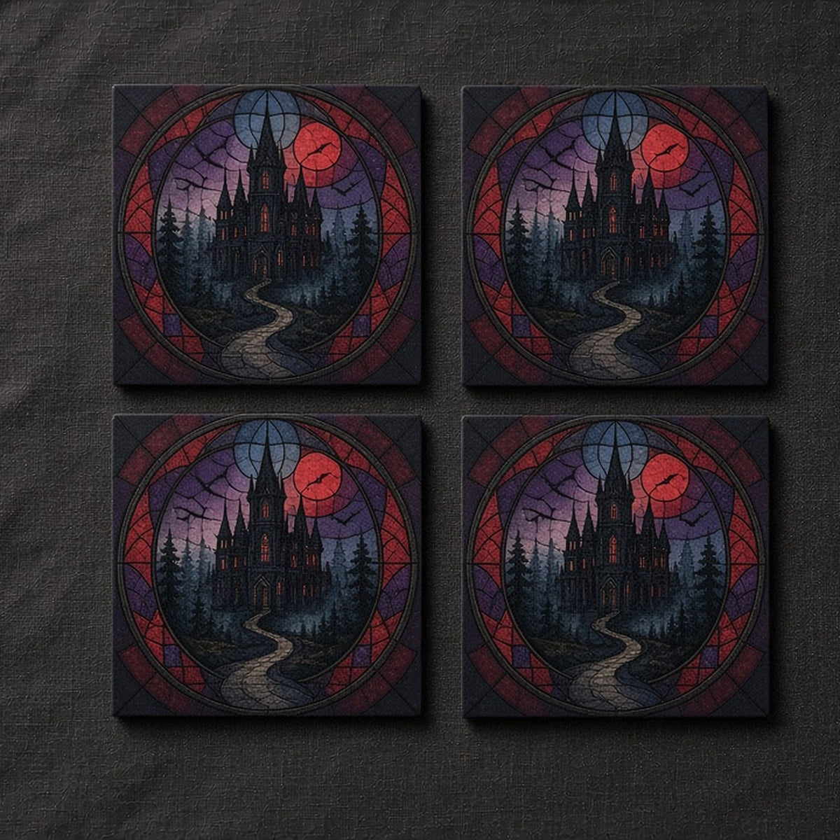 Rose-window design of a gothic manor above a misty valley printed flat on a set of four coasters, made with prompt #47